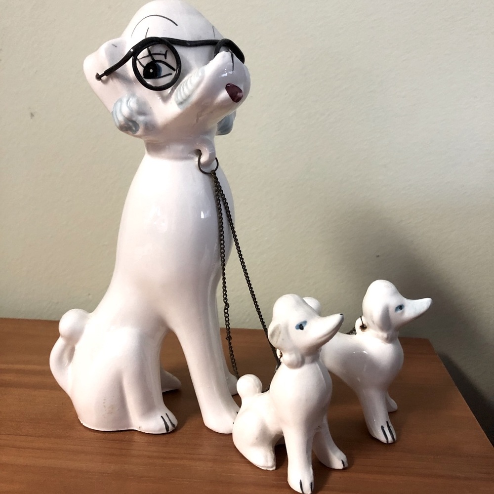 Vintage Antique Porcelain/Ceramic Poodle Figurines- Mom and Puppies